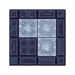 Pixel art metal floor tile set, industrial sci-fi style in 8-bit pixel design, grungy metal with bolts, plates, varied textures in grey-blue tones, spaceship floors, sci-fi bases, dystopian game.