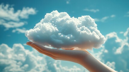 Hand holding fluffy cloud against bright blue sky with soft white clouds in the background