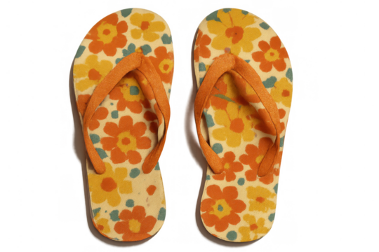 Comfortable orange flip-flops with a floral pattern are ready for a relaxing summer day at the beach