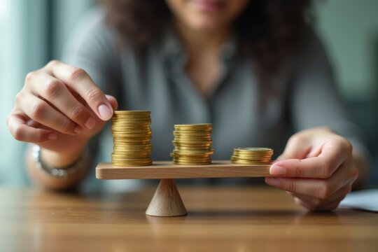 Businesswoman Precariously Balancing Gold Coins on Scale, Symbolizing Success and Financial Stability - Powered by Adobe