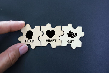 miniature people with the words head, heart and gut. How to make conscious decisions. Decision...
