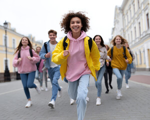 Obraz premium Excited group of friends running together in city street, wearing colorful hoodies and backpacks, showcasing joy and friendship. atmosphere is lively and energetic