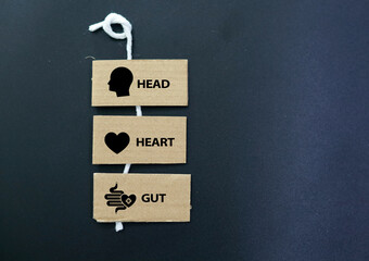 miniature people with the words head, heart and gut. How to make conscious decisions. Decision...
