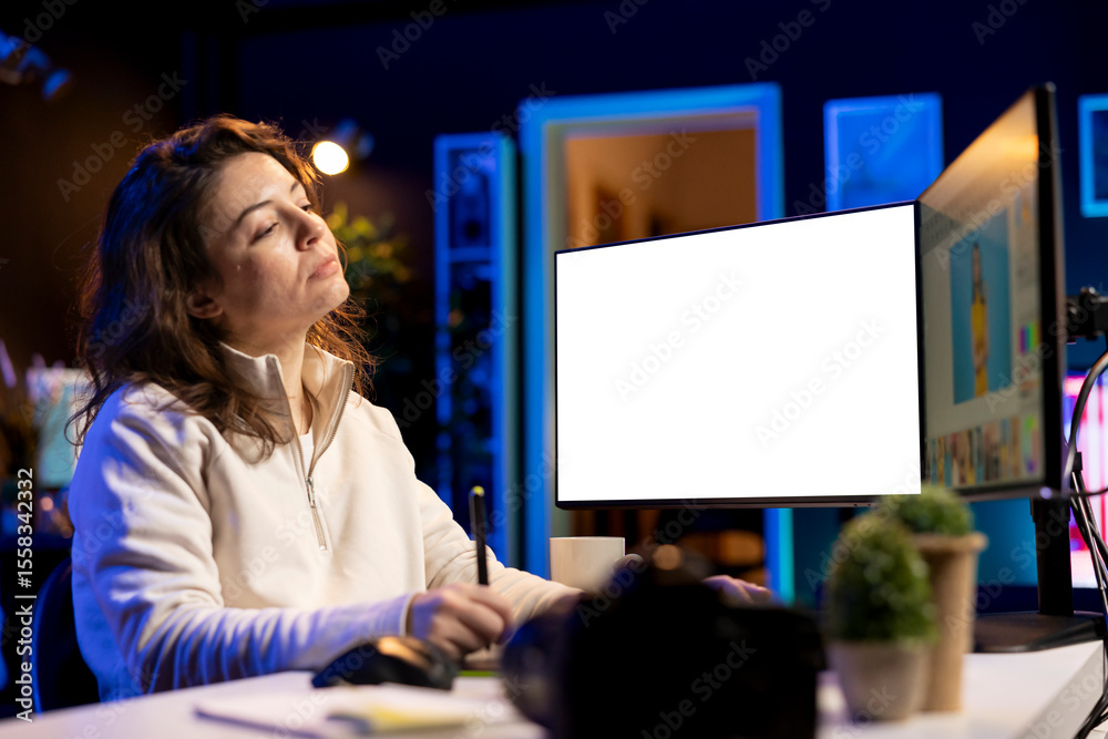 Poster photographer uses photo editing software on mockup pc display in personal studio. freelancer uses ph