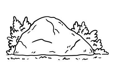 Stones in the grass and bushes isolated on a white background. Vector hand-drawn illustration in outline style. Landscape sketch. Perfect for cards, decorations, logo, various designs.