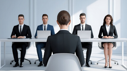 A female job applicant facing an interview panel of four professionals in a modern corporate Office. job interview, female applicant, interview panel, hiring process, recruitment, formal interview
