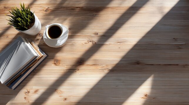 Top down view of minimalist clean wooden desk surface bathed in soft morning sunlight in cozy home interior. Warm natural tones, tranquil workspace concept, peaceful and modern Scandinavian design.


