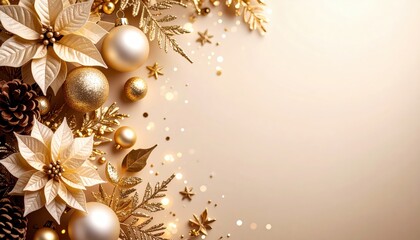 Fototapeta premium Elegant golden holiday decoration with poinsettias and ornaments festive atmosphere studio setting close-up view christmas concept