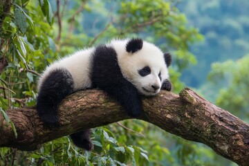 Lazy panda bear sleeps peacefully on a tree branch in a Chinese forest surrounded by lush greenery