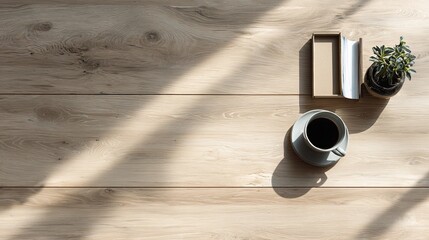 Top down view of minimalist clean wooden desk surface bathed in soft morning sunlight in cozy home interior. Warm natural tones, tranquil workspace concept, peaceful and modern Scandinavian design.

