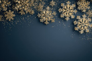 Dark blue background adorned with golden snowflakes creating a festive and elegant atmosphere for the Christmas season