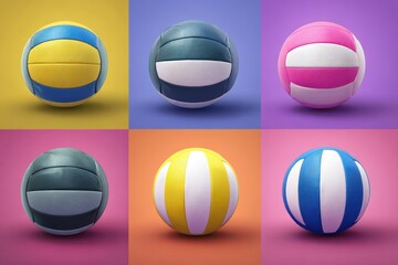 Modern volleyball logo set presents vibrant colors with various designs showcased in an artistic arrangement on colorful backgrounds