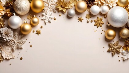 Fototapeta premium Elegant gold and white christmas ornaments festive decor holiday celebration studio setting top-down view seasonal aesthetics