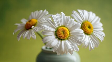 Obraz premium Close-up of blooming daisy flowers arranged in a minimalist vase under soft natural light with a beautifully blurred green background. Gentle floral composition ideal for spring, freshness