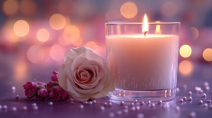 A pink candle flickers softly in a glass, surrounded by round beads and delicate dried roses on a blurred purple backdrop filled with sparkling dots.