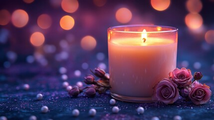 A pink candle flickers softly in a glass, surrounded by round beads and delicate dried roses on a blurred purple backdrop filled with sparkling dots.