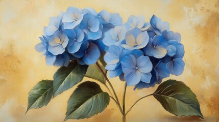 Light blue hydrangea blooms showcase delicate petals and lush foliage against a soft beige backdrop in a tranquil setting