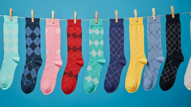 Colorful socks hanging on a clothesline against a blue background  