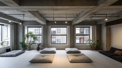 Naklejka premium Serene minimalist studio with exposed concrete beams, large windows, and floor cushions arranged for relaxation and meditation