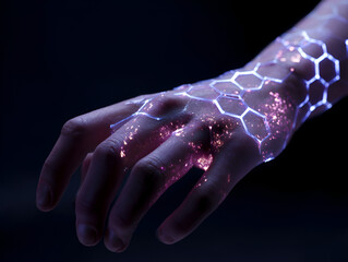 Hand with Glowing Hexagon Pattern Displayed Against Transparent Background in Conceptual Image