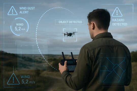 Drone Pilot with Augmented Reality HUD Displaying Wind Gust Alerts and Object Detection in Open Landscape