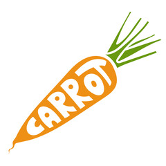 Simple vector illustration of a carrot with stylized lettering inside the vegetable shape. Clean white background, healthy food concept, minimal line art with artistic typography for print or web.
