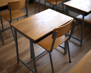 Neatly arranged school desk with wooden surface and metal frame, creating calm and organized learning environment. warm tones of wood enhance inviting atmosphere