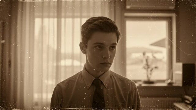 Teenage boy looking serious in a room with curtains and window  