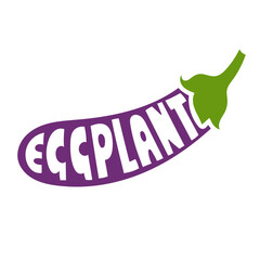 Vector illustration of an eggplant with hand-drawn lettering integrated into its shape. Simple and clean purple vegetable outline on white background. Perfect for healthy food design and decoration.