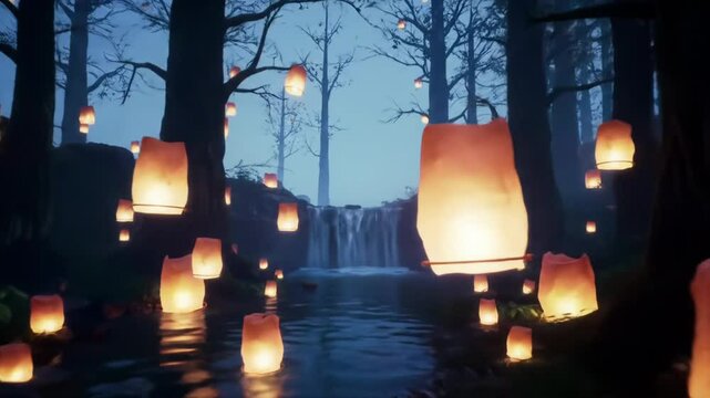 Mystical glowing object floating above the forest floor at dusk, illuminating the surrounding trees with warm golden light in a quiet evening atmosphere