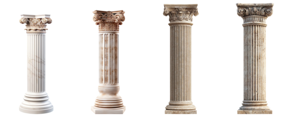 Collection of Doric columns, isolated on a transparent background