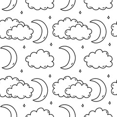 Cute seamless pattern with weather elements - clouds, stars and crescent moon. Vector hand-drawn doodle illustration. Perfect for print, wallpaper, decorations.
