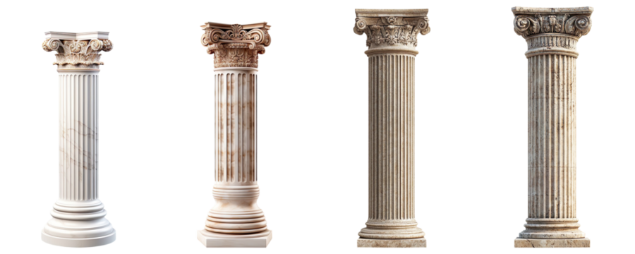 Collection of Doric columns, isolated on a transparent background