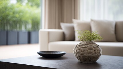 Minimalist modern living room interior with neutral tone furniture, clean lines, soft natural ambient light, and shallow depth of field, evoking calm and contemporary elegance.

