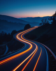 Winding Road at Night with Orange and White Light Streaks &ndash; Ethereal Landscape Photography