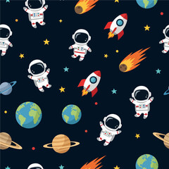 A colorful seamless pattern features flat-design astronauts, rockets, comets, and planets like Earth scattered across a dark, star-filled space background. Vector Patterns