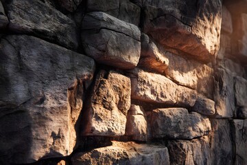 Fototapeta premium Textured stone wall illuminated by sunlight, showcasing natural patterns and shadows
