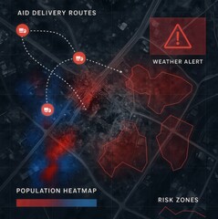 Satellite Map with Aid Trucks, Red Weather Alert, Population Heatmap and Crisis Risk Zones in Disaster Area