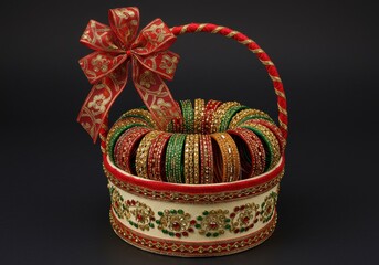 Decorated basket filled with colorful bangles and a red bow