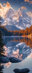 A breathtaking view of majestic mountains towering above a serene lake, highlighting their reflection in the water at sunset, which captures the beauty and tranquility of the great outdoors.