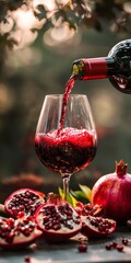 A captivating scene featuring a glass of red wine being poured, surrounded by fresh pomegranates, symbolizing indulgence, celebration, and richness in flavor and beauty of life.