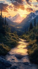 A breathtaking landscape featuring a tranquil stream winding through towering mountains at sunset, embodying serenity, peace, and the splendor of nature's untouched beauty.