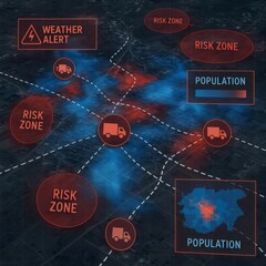 Satellite Map of Disaster Zone with AR Overlays Showing Risk Zones, Population Heatmap, Weather Alert, and Aid Truck Routes in Red and Blue Tones