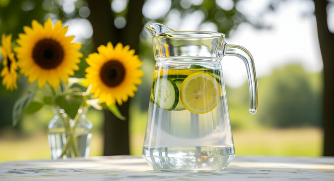 Refreshing Pitcher of Water Infused with Lemon and Cucumber on Table with Sunflowers