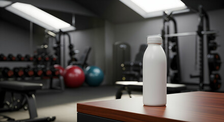 Fototapeta premium White Bottle Sits on Table in Gym, Showcasing Fitness Equipment and Weights, Indoors