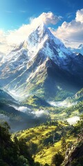 This picturesque scene highlights a lush valley framed by majestic mountains, where a captivating peak stands under a sky of fluffy clouds, symbolizing freedom and the boundless beauty of nature.