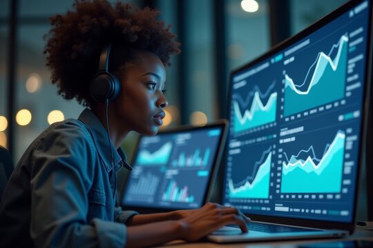 Successful African-American Businesswoman Analyzing Financial Data on Modern Digital Dashboard