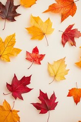 An artistic display of assorted autumn leaves—red, yellow, and orange—scattered on a soft, neutral background, showcasing the beauty and variety of seasonal foliage in a minimalistic style.