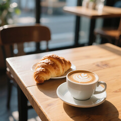 Cup of Cappuccino with Latte Art and Croissant on Cafe Table