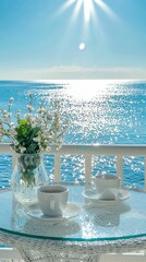 A stunning ocean view with a table set for two, featuring elegant white cups and a beautiful flower arrangement, embodying tranquility and a perfect getaway for relaxation and romance.